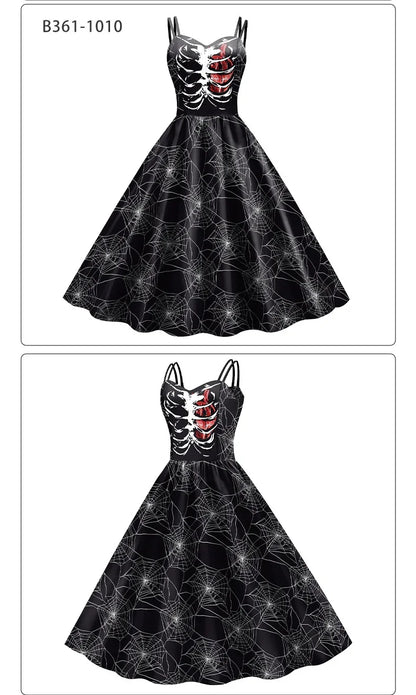 Halloween Costume Skeleton Rose Print Women Girl Female Goth Horror Rockabilly Carnival Fancy Dress Up Party Performance