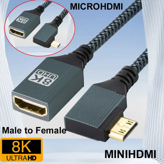 Cable trenzado 8K/60Hz/122Hz MINIHDMI MINI/MICRO Microhdmi Macho/Hembra Compatible con HDMI con Cable Ángulo Recto/Izquierdo/Derecho/Abajo