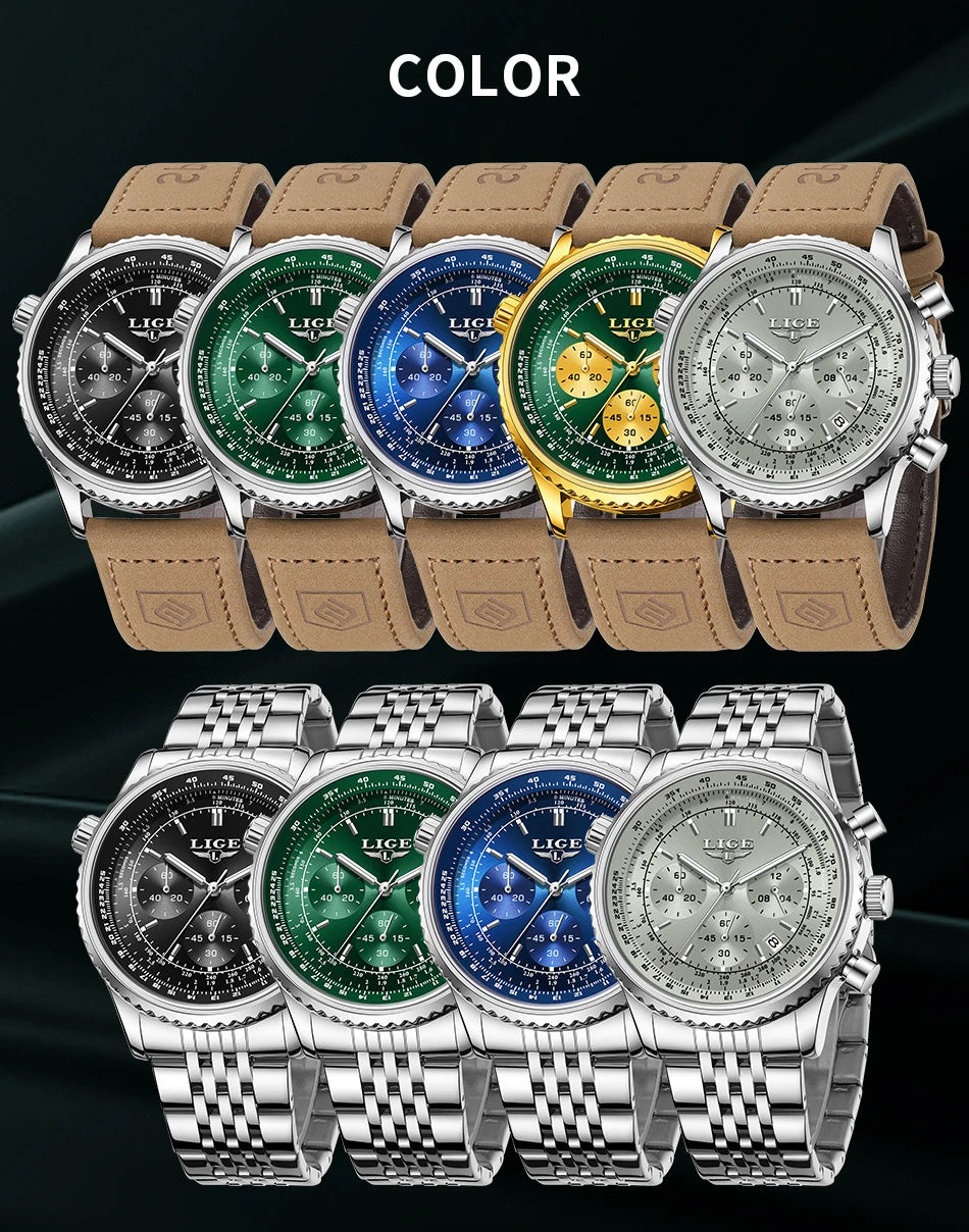 Relojes de lujo LIGE para hombre, cronógrafo con fecha, acero inoxidable, resistente al agua, luminoso, deportivo, militar, de cuarzo