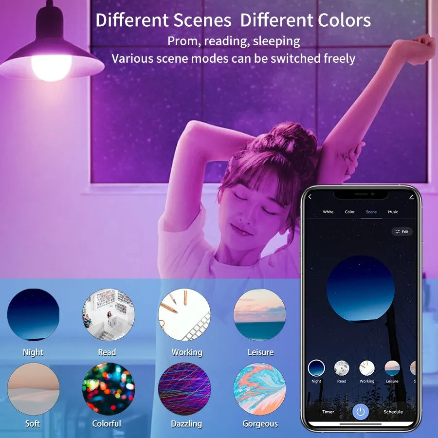Bombilla LED inteligente Tuya E27 con control por aplicación, luz regulable, Bluetooth, RGB, 220 V, para decoración de dormitorio, fiestas, iluminación inteligente