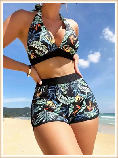 Bikini Halter 2023 para mujer, traje de baño de cintura alta, bañador sexy para mujer, traje de baño con estampado de hojas, ropa de playa de verano