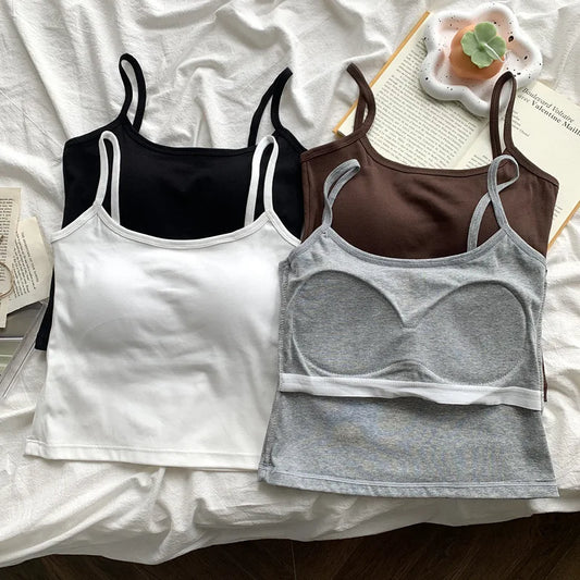 Camisola ajustada sin mangas con tirantes finos de color liso para mujer con almohadilla para el pecho, de algodón, para uso exterior, camisetas cortas de verano para mujer.