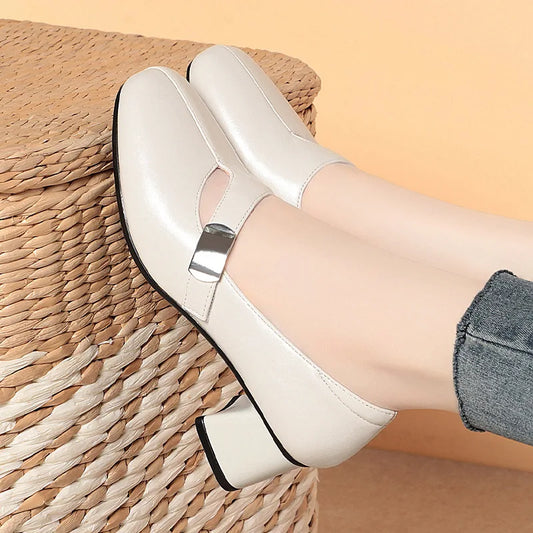 Zapatos Mary Jane vintage de 5 cm, transpirables, cómodos, de boca baja, de piel suave, para mujer, primavera 2025, tacones de bloque medianos para oficina, mamá