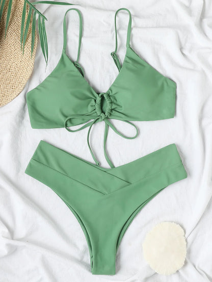 Nuevo conjunto de bikini de alta elasticidad para verano de 2025, dos piezas, color sólido, con cordones, traje de baño sexy para mujer, traje de baño de playa.