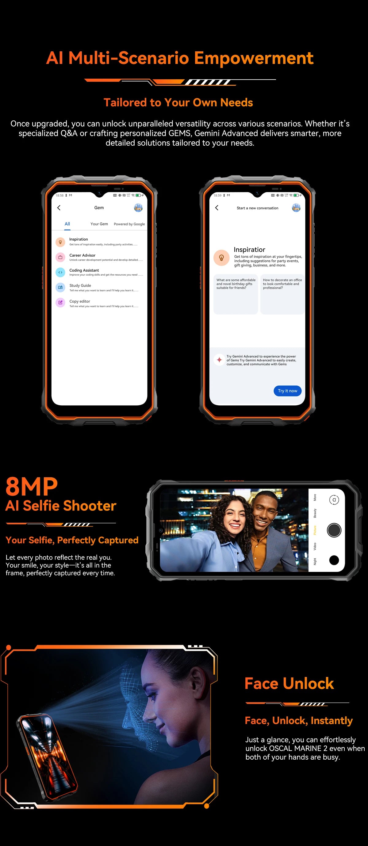 Teléfono resistente Blackview OSCAL Marine 2, 8 GB de RAM, 256 GB de almacenamiento, smartphone con IA, batería de 11000 mAh, pantalla HD+ de 6,56", procesador Unisoc T61, Android 15 y NFC.