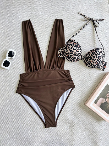 Conjunto de bikini de dos piezas con cuello halter para mujer, bañador sexy liso, push up ajustado, sin espalda, traje de baño de verano para playa, 2025