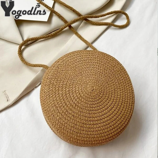 Bolso redondo de paja para mujer, tejido a mano, tipo bandolera, para playa, bonito bolso de mano pequeño de ratán tejido a mano, de color caramelo
