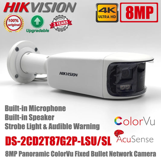 Cámara de red tipo bala Hikvision DS-2CD2T87G2P-LSU/SL de 8 MP, 4K, PoE, IP67, panorámica, ColorVu, AcuSense, audio bidireccional.