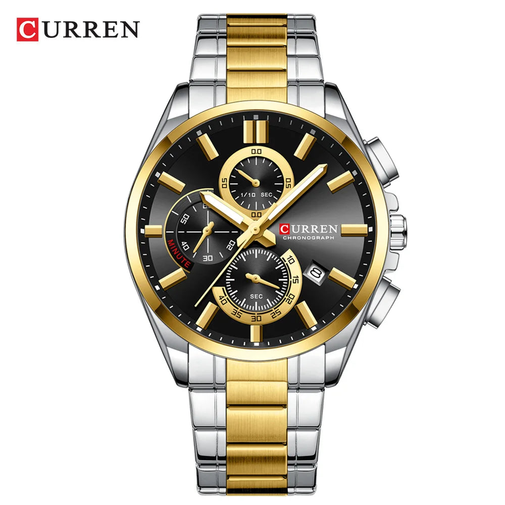 CURREN - Reloj cronógrafo de acero inoxidable para hombre con manecillas luminosas, tres subesferas, fecha automática, diseño moderno, de cuarzo