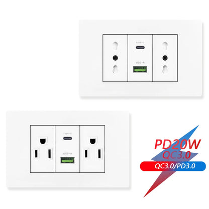 Enchufe de pared USB inteligente tipo C de 20 W con carga rápida para Italia, Chile y México; panel de interruptor de luz eléctrico de Brasil con toma USB-C universal.