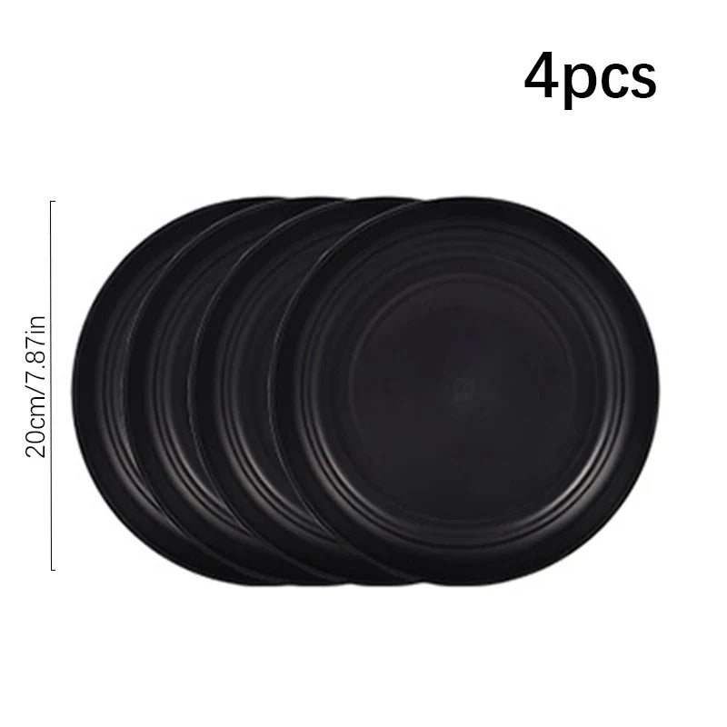 Juego de cubiertos de plástico de 24 piezas, platos, tazas, platos de cena negros, juego de regalo para acampar al aire libre