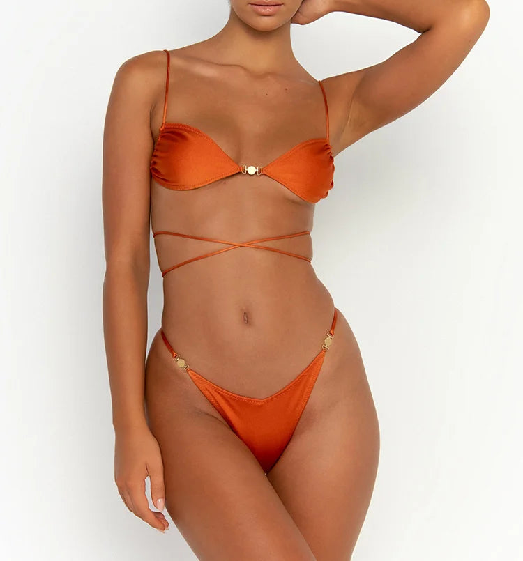 Traje de baño para mujer, bikini sexy de un solo color con lazos, tangas, trajes de baño de color liso, ropa de playa, bikini brasileño de verano 2024