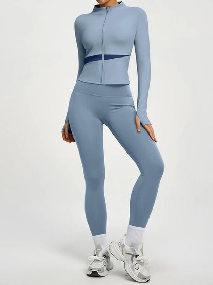 Conjuntos de yoga con contraste de colores para mujer, chaqueta deportiva de manga larga sin costuras con cremallera, leggings adelgazantes de cintura alta, chándal de fitness