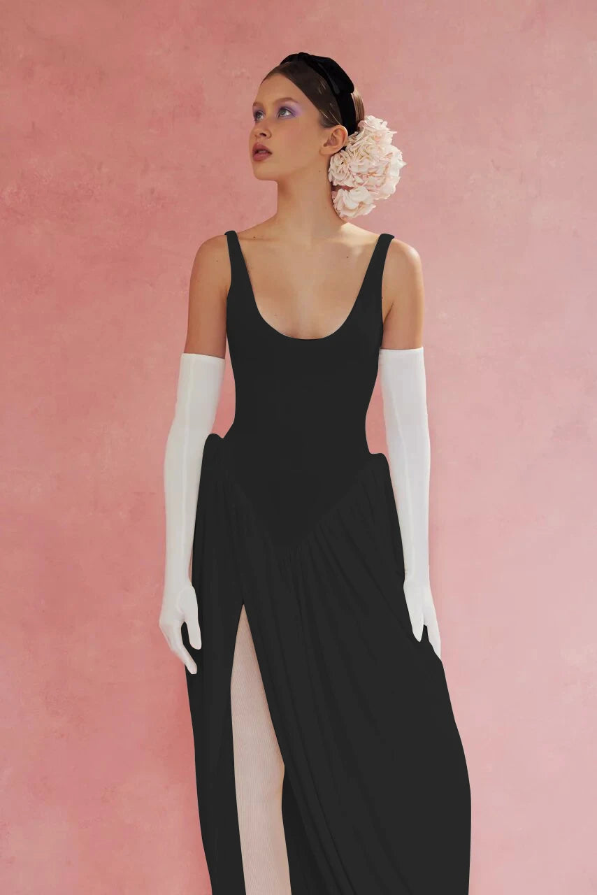 Vestido largo sexy con abertura alta JULISSA MO para mujer, negro, sin mangas, de talle alto, ideal para otoño, elegante y ajustado, perfecto para fiestas y discotecas (2024)