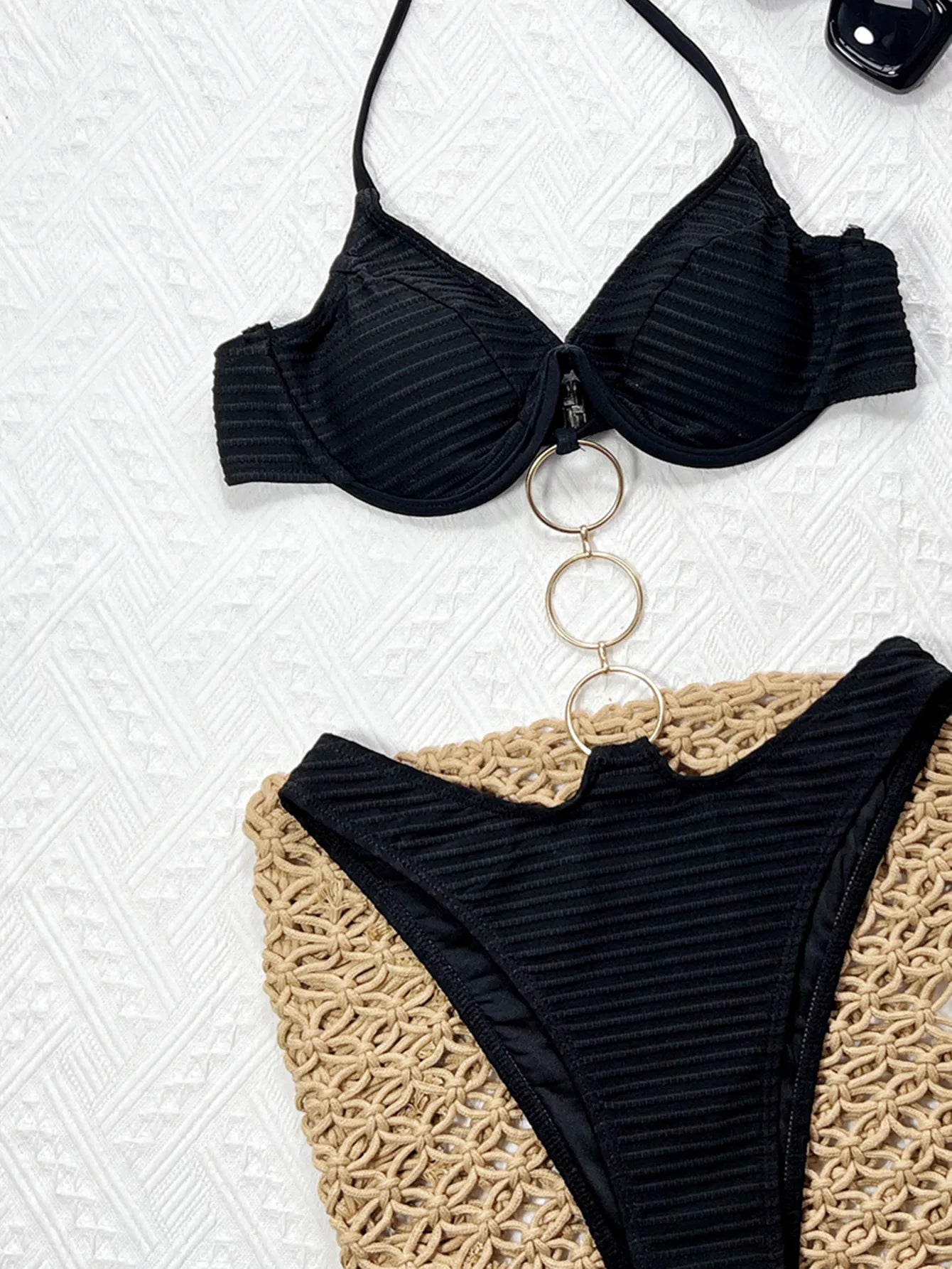 Vigoashely 2025 Women Sexy Black Hollow Swimwear Tied Halter Push UP One Piece Swimsuit Monokini Lady Push UP Beach Bathing Suit