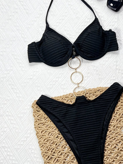 Vigoashely 2025 Women Sexy Black Hollow Swimwear Tied Halter Push UP One Piece Swimsuit Monokini Lady Push UP Beach Bathing Suit