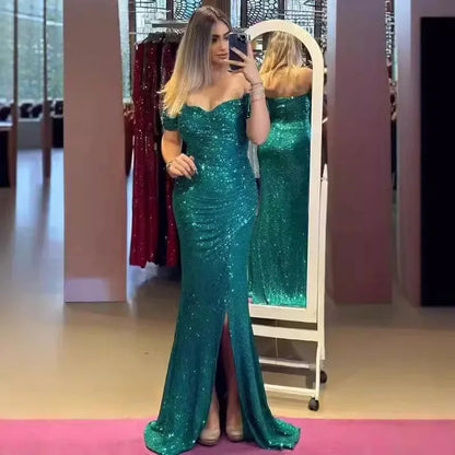 Vestido de fiesta sexy con abertura lateral y lentejuelas brillantes para mujer, de poliéster, sin bordes, ligero y a la moda.