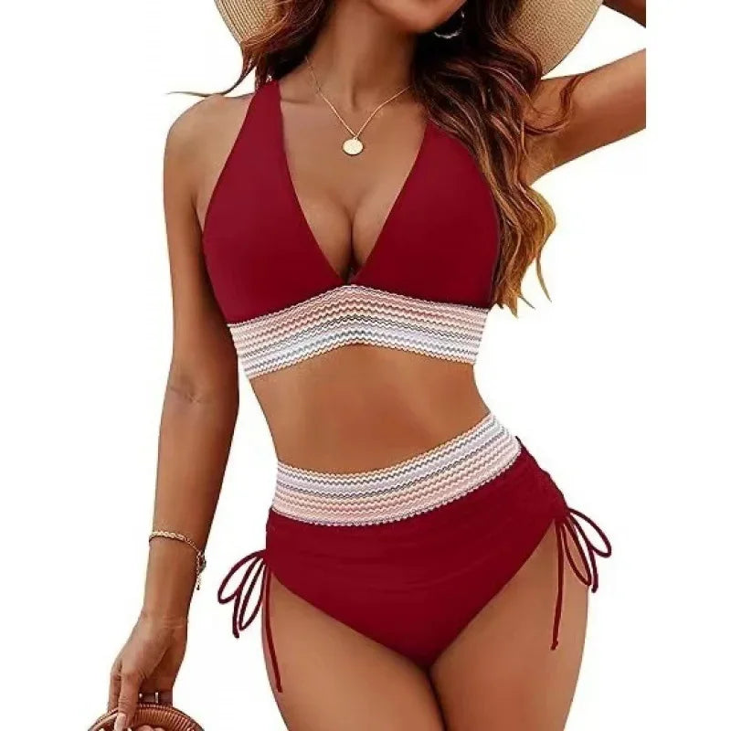 Conjunto de bikini de cintura alta con cinturón de tejido de color puro sexy para mujer, traje de baño de estilo ruso, ropa de playa de moda para mujer