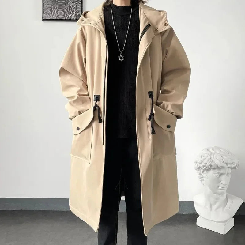 2025 Spring Autumn  Green Windbreaker Fashion Men Mid-length Casual Hooded Coat Men Daily High Street Overcoat Male Clothes