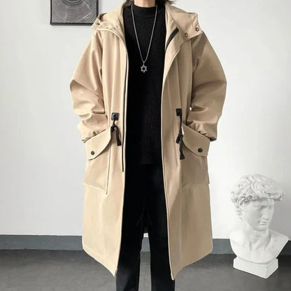 2025 Spring Autumn  Green Windbreaker Fashion Men Mid-length Casual Hooded Coat Men Daily High Street Overcoat Male Clothes
