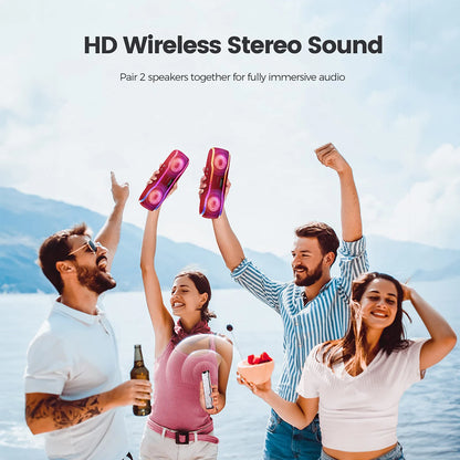 Altavoz Bluetooth inalámbrico rojo WISETIGER F10C, resistente al agua IPX7, para exteriores, con luz RGB BT5.3, estéreo y sonido envolvente.