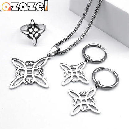 Conjunto de joyas de acero inoxidable, colgante de nudo celta irlandés, collar, pendientes, pulsera, anillo, brujería, bruja