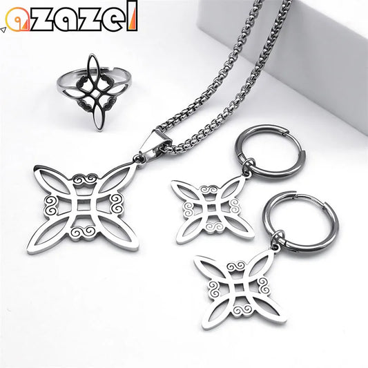 Conjunto de joyas de acero inoxidable, colgante de nudo celta irlandés, collar, pendientes, pulsera, anillo, brujería, bruja