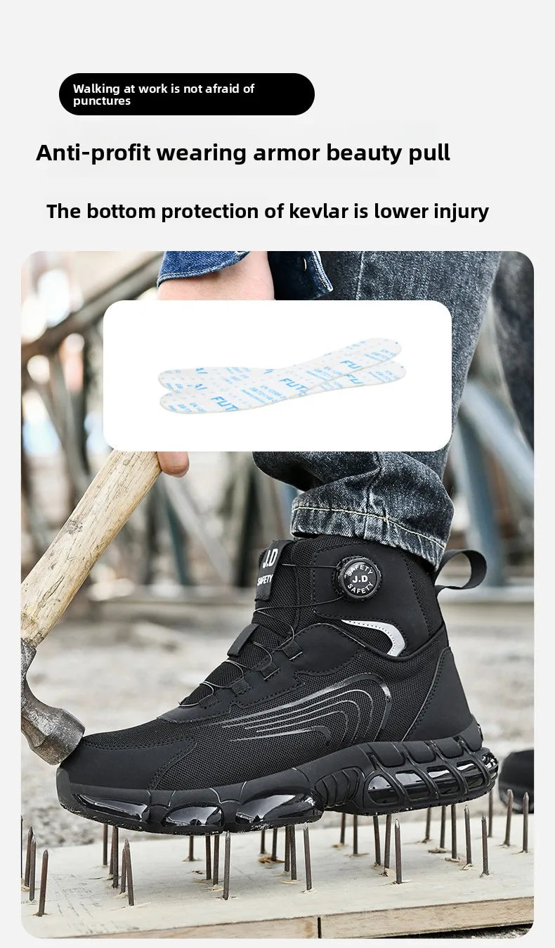 Zapatos de seguridad de caña alta para hombre con botón giratorio, resistentes a impactos y perforaciones, zapatillas de moda para hombre, calzado de seguridad profesional.