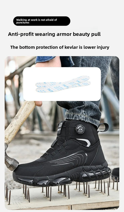 Zapatos de seguridad de caña alta para hombre con botón giratorio, resistentes a impactos y perforaciones, zapatillas de moda para hombre, calzado de seguridad profesional.