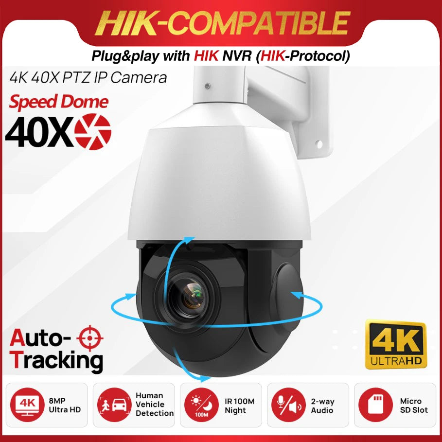 Cámara IP PTZ de 8 MP con zoom 40x, seguimiento de personas y vehículos, audio bidireccional, vigilancia exterior, Plug &amp; Play, compatible con NVR HIK y Hikvision.