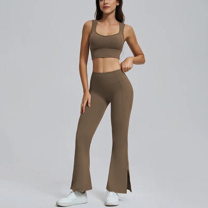 Conjuntos de yoga para mujer, sujetador deportivo con espalda hueca y amortiguación, leggings de cintura alta y acampanados, ropa de gimnasio, ropa para correr y entrenar.