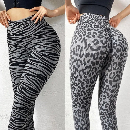 Pantalones de yoga sin costuras para mujer, estampado de leopardo, cintura alta, realce de glúteos, efecto melocotón, mallas deportivas para gimnasio, leggings para correr.