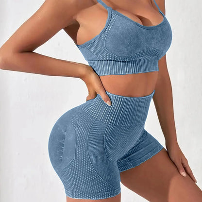 Conjunto de yoga, pantalones cortos de gimnasio, conjuntos para mujer, sin costuras, esmerilado, top corto de fitness, leggings de cintura alta, conjuntos deportivos, entrenamiento, correr, ropa deportiva