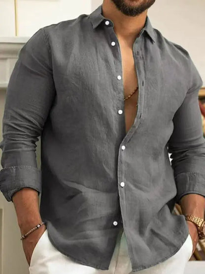 Camisa lisa de lino y algodón de color liso para hombre, camisa clásica de manga larga con solapa y botones, holgada, a la moda para primavera y verano