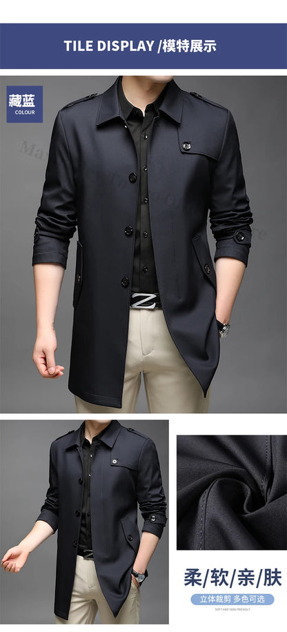 Abrigo tipo gabardina Maxbarley para hombre, estilo coreano, ligero, de lujo, de un solo botón, chaqueta larga cortavientos, colección primavera-otoño 2025, marca, con solapa.