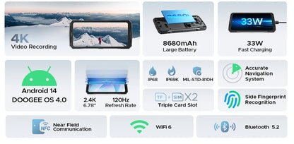 Teléfono robusto DOOGEE V40 Pro 5G versión global, pantalla de 6,78", 16 GB + 512 GB, dimensiones 7300, cámara con IA de 200 MP, 8680 mAh, cargador rápido de 33 W.