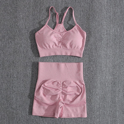 Conjuntos de dos piezas para mujer, pantalones cortos color melocotón, chándal femenino, conjunto de gimnasio, pantalones cortos de fitness con cuello halter, sujetador push up de verano
