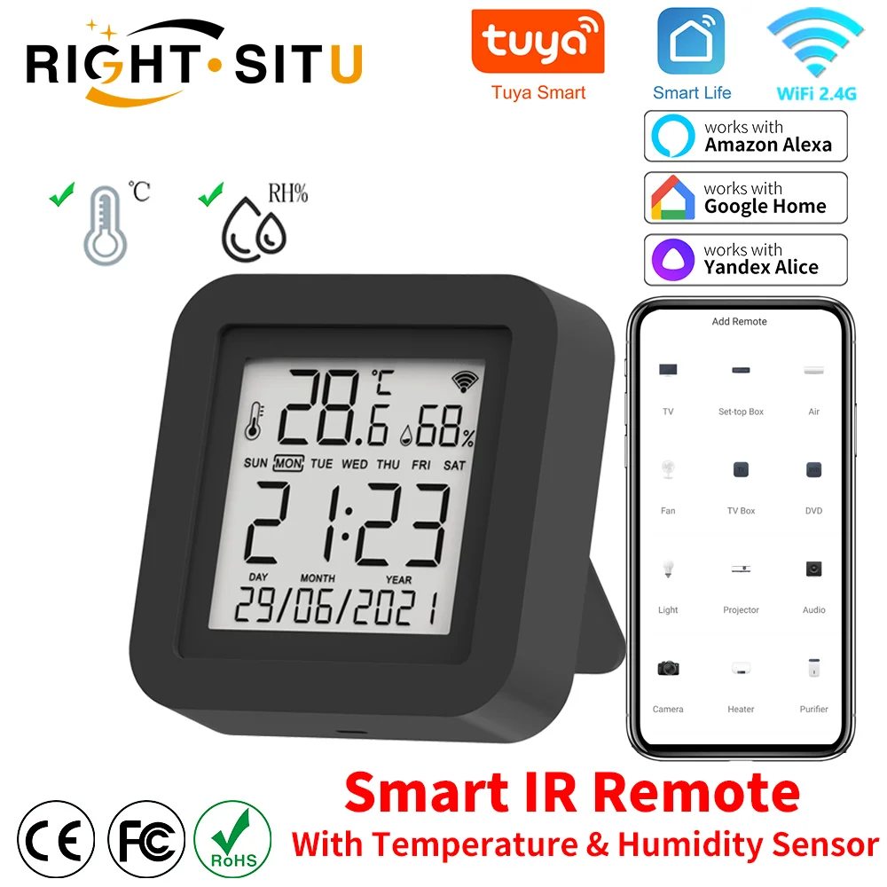 Control remoto universal infrarrojo inteligente Tuya con sensor de temperatura y humedad para aire acondicionado, TV, aire acondicionado, compatible con Alexa, Google Home y Yandex.