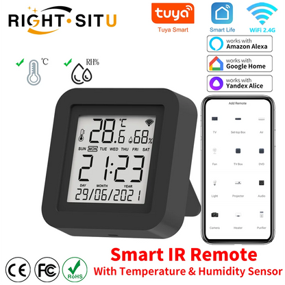 Control remoto universal infrarrojo inteligente Tuya con sensor de temperatura y humedad para aire acondicionado, TV, aire acondicionado, compatible con Alexa, Google Home y Yandex.