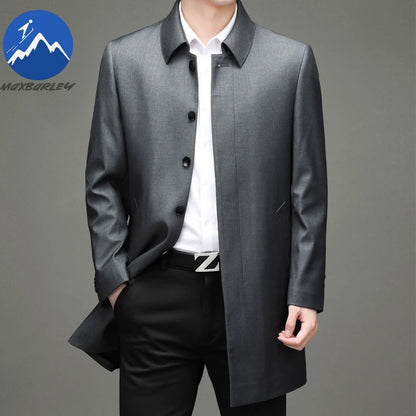 Gabardina coreana Maxbarley para hombre, otoño 2025, estilo casual de negocios, cortavientos, abrigo largo de estilo urbano.
