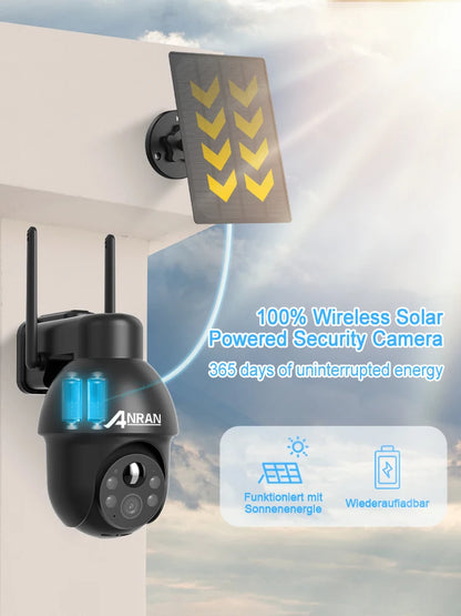 Cámara de seguridad inalámbrica solar ANRAN de 3 MP para exteriores con WiFi, audio bidireccional, resistente al agua IP66, visualización remota, flash y foco.