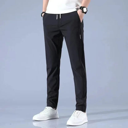 Pantalones deportivos largos de seda de hielo para hombre, de verano, nuevos, finos, informales, de negocios, elásticos, transpirables, de pierna recta, de talla grande