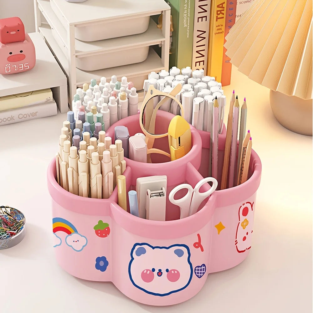 Organizador de escritorio giratorio con múltiples compartimentos, material PP duradero, ideal para organizar escritorios en dormitorios y oficinas.