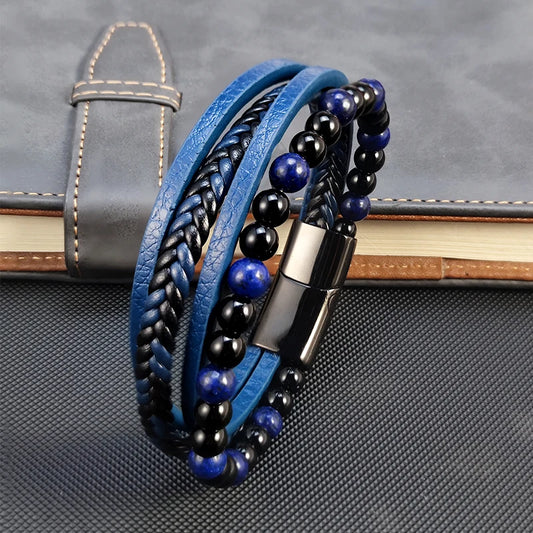 Pulseras de cuentas punk para hombre, estilo clásico, de lapislázuli azul, multicapa, de cuero, joyería, regalo, 2025