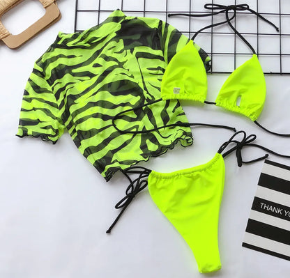 Conjunto de bikini sexy de 3 piezas para mujer, traje de baño de manga corta con estampado de leopardo, estilo tanga de playa 2024