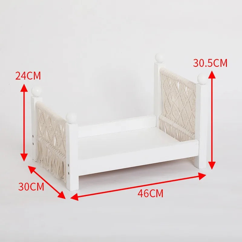 Cama de madera tejida blanca desmontada, estilo bohemio rústico europeo, accesorio de fotografía, decoración del hogar, sesiones de fotos