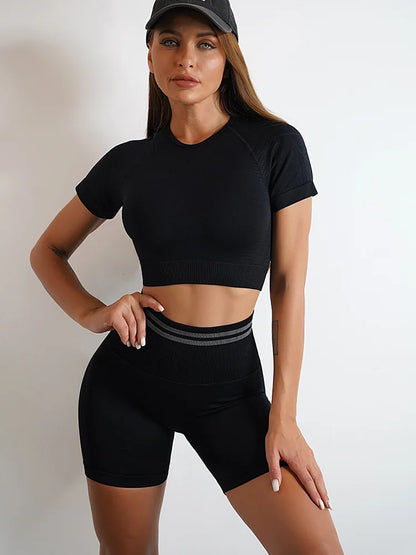 Conjuntos de ropa deportiva de media pieza sin costuras para mujer, conjuntos de gimnasio de manga larga, sujetador deportivo de yoga, leggings push up y mallas deportivas.