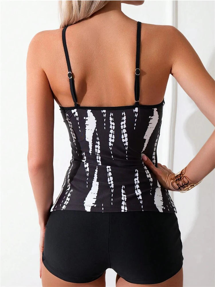 Traje de baño de dos piezas para mujer 2025, nuevo traje de baño liso con estampado de tirantes, tankini de verano, pantalones cortos tipo bóxer de cintura alta, traje de baño de playa para mujer