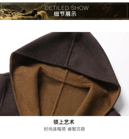 Gabardina de lana de doble faz de lujo y máxima calidad para hombre, estilo otoño-invierno, de largo medio y con capucha.