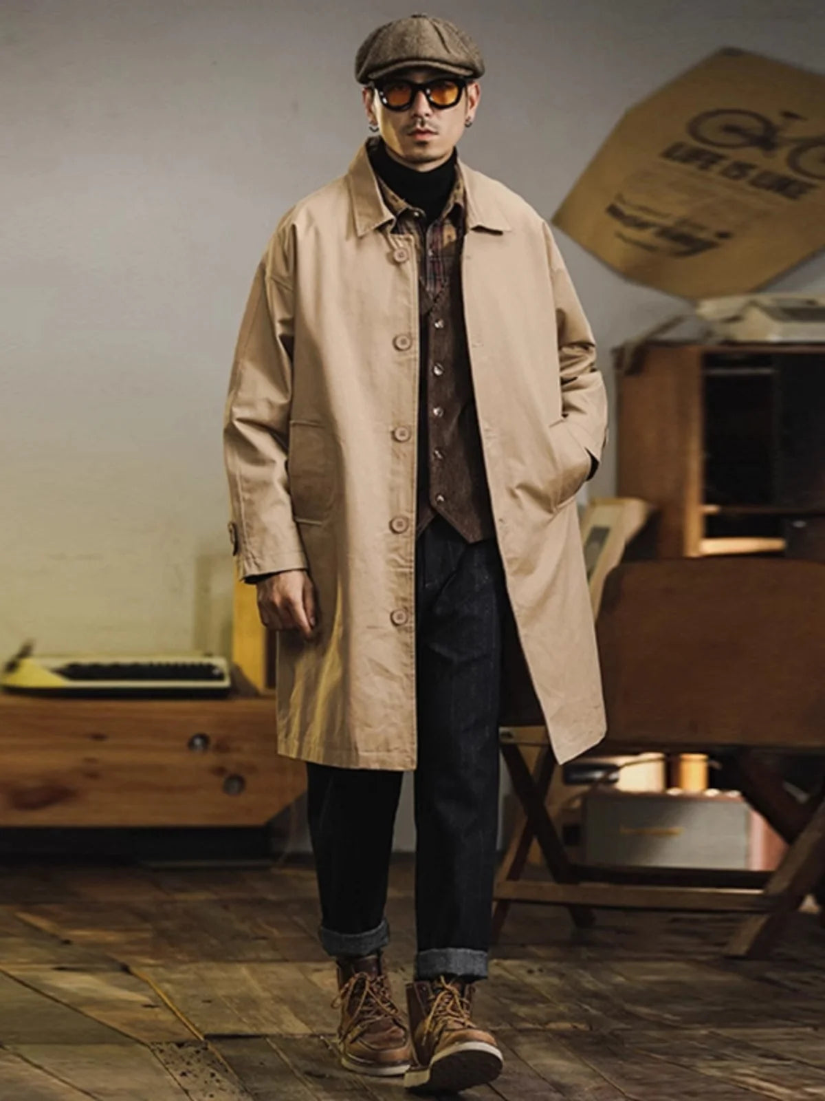 Retro American Sle Men's Long Coat Cotton Casual Faion Urban Youth Pure Color Button up Loose Fit Autumn Winter Coat